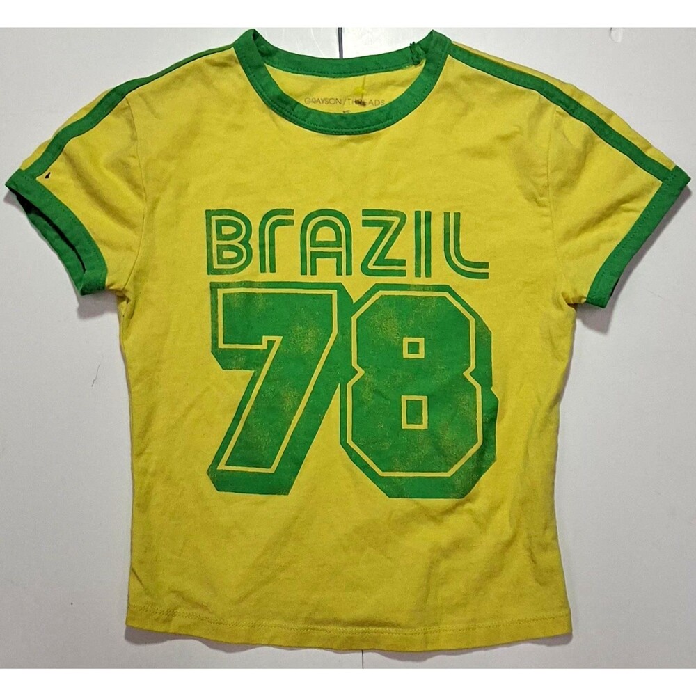 Grayson/Threads Girls XS Yellow/Green Brazil 78 Graphic Ringer Crew Tee Flaw